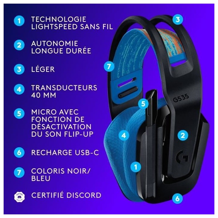 Casque gamer - Sans fil - Logitech G - G535 Lightspeed - PS5, PS4, PC, MAC - Noir/Bleu Casque gamer - Sans fil - Logitech G - G535 Lightspeed - PS5, PS4, PC, MAC - Noir/Bleu