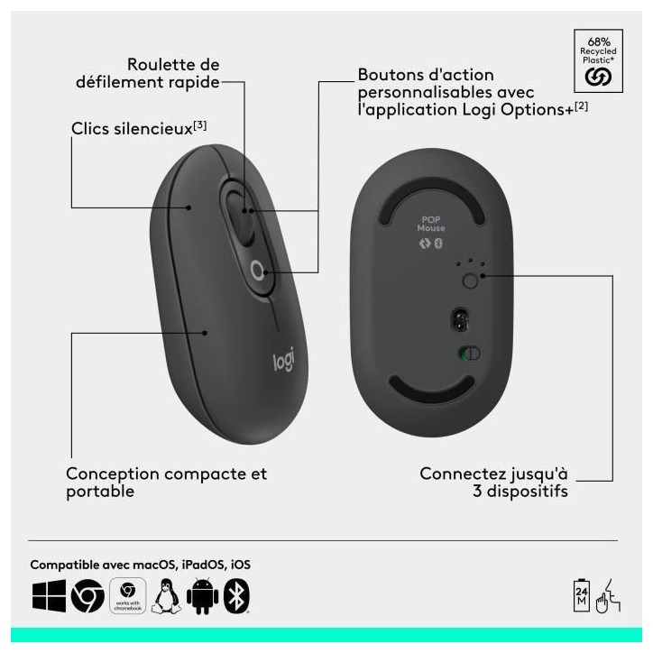 Souris - Sans fil - Logitech - Pop Mouse - Graphite Souris - Sans fil - Logitech - Pop Mouse - Graphite