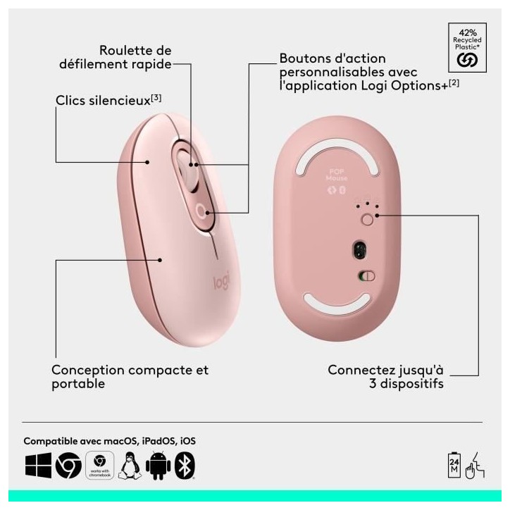 Souris - Sans fil - Logitech - Pop Mouse - Rose Souris - Sans fil - Logitech - Pop Mouse - Rose