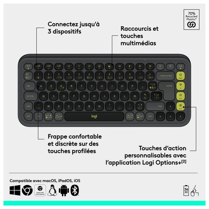 Clavier - Sans fil - Logitech - Pop Icon Keys - AZERTY - Graphite