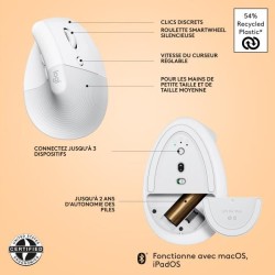 Souris - Sans Fil - Logitech - Lift Ergonomique Verticale - Blanc - Dr