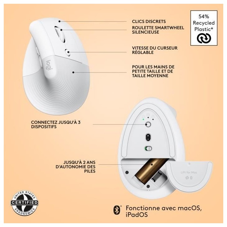 Souris - Sans Fil - Logitech - Lift Ergonomique Verticale - Blanc - Droitier - Pour Mac Souris - Sans Fil - Logitech - Lift Ergonomique Verticale - Blanc - Droitier - Pour Mac