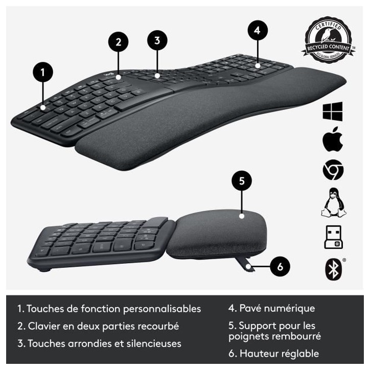 Clavier - Sans fil - Logitech - ERGO K860 - AZERTY - Ergonomique avec repose-poignets - Noir Clavier - Sans fil - Logitech - ERGO K860 - AZERTY - Ergonomique avec repose-poignets - Noir