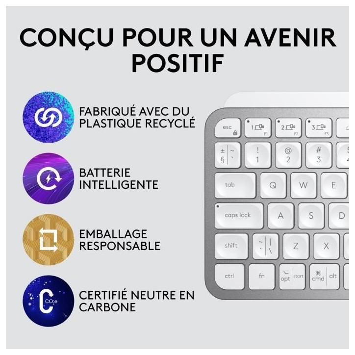 Clavier - Sans Fil - Logitech - MX Keys Mini - AZERTY - Rétroéclairé - Gris clair Clavier - Sans Fil - Logitech - MX Keys Mini - AZERTY - Rétroéclairé - Gris clair