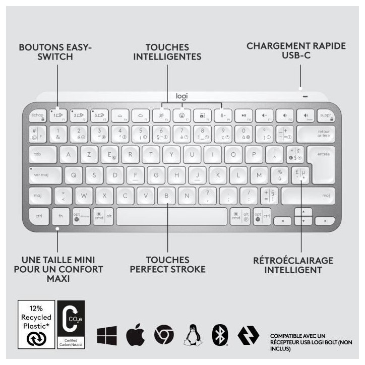 Clavier - Sans Fil - Logitech - MX Keys Mini - AZERTY - Rétroéclairé - Gris clair Clavier - Sans Fil - Logitech - MX Keys Mini - AZERTY - Rétroéclairé - Gris clair