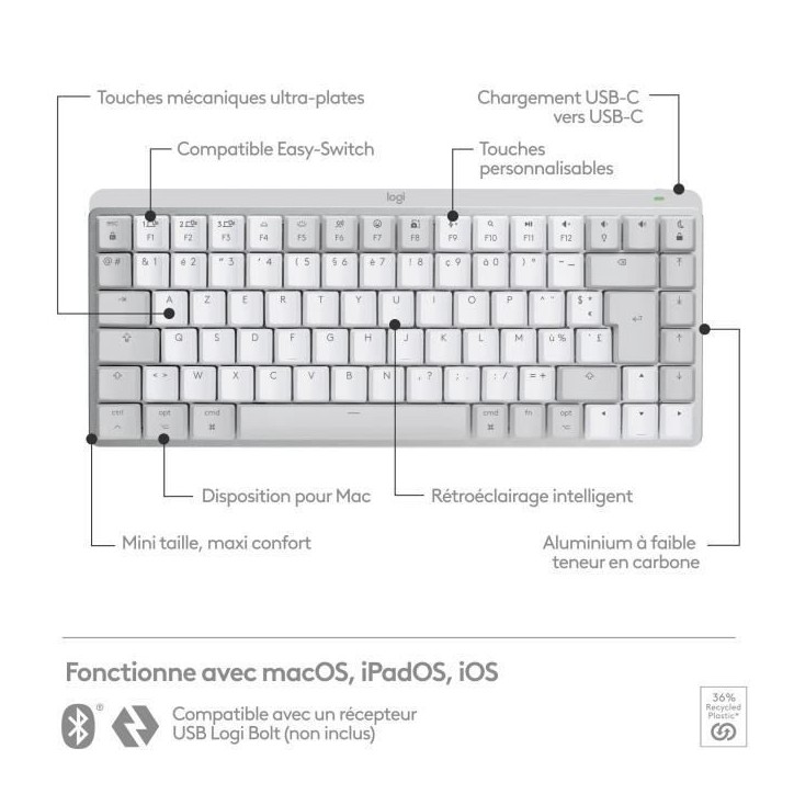 Clavier - Sans fi l- Logitech - MX Keys Mini - AZERTY - Rétroéclairé - Pour Mac compact - Gris clair