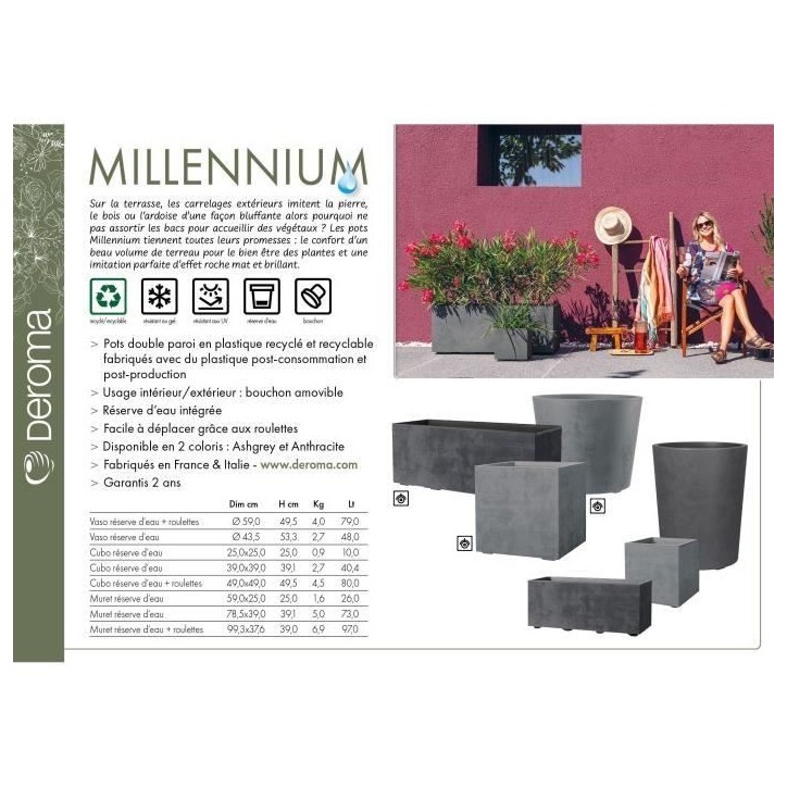 DEROMA Pot de fleurs Cube Millennium R - Ashgrey - 39 x H39,1 cm - A réserve d'eau - 39 cm DEROMA Pot de fleurs Cube Millennium R - Ashgrey - 39 x H39,1 cm - A réserve d'eau - 39 cm