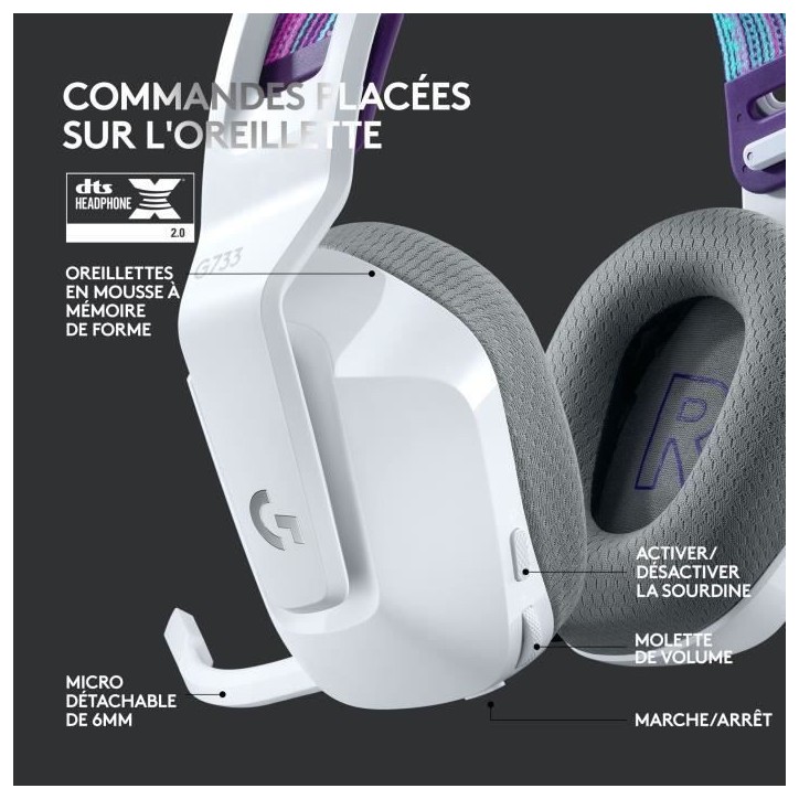 Casque gamer - Sans fil - Logitech G - G733 Lightspeed - PS5, PS4, PC, MAC - Blanc