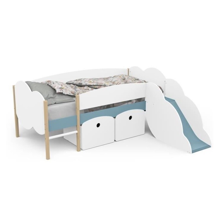 DEMEYERE Lit toboggan - 90 x 200 cm - Sommier a lattes - 2 Tirroirs - Décor blanc et bleu orage DEMEYERE Lit toboggan - 90 x 200 cm - Sommier a lattes - 2 Tirroirs - Décor blanc et bleu orage