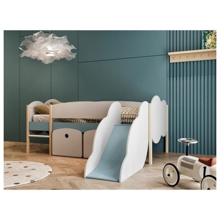 DEMEYERE Lit toboggan - 90 x 200 cm - Sommier a lattes - 2 Tirroirs - Décor blanc et bleu orage DEMEYERE Lit toboggan - 90 x 200 cm - Sommier a lattes - 2 Tirroirs - Décor blanc et bleu orage