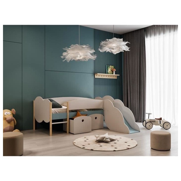 DEMEYERE Lit toboggan - 90 x 200 cm - Sommier a lattes - 2 Tirroirs - Décor blanc et bleu orage DEMEYERE Lit toboggan - 90 x 200 cm - Sommier a lattes - 2 Tirroirs - Décor blanc et bleu orage