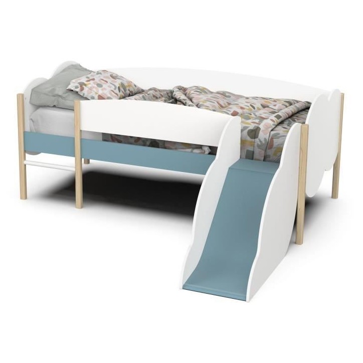 DEMEYERE Lit toboggan - 90 x 200 cm - Sommier a lattes - 2 Tirroirs - Décor blanc et bleu orage DEMEYERE Lit toboggan - 90 x 200 cm - Sommier a lattes - 2 Tirroirs - Décor blanc et bleu orage