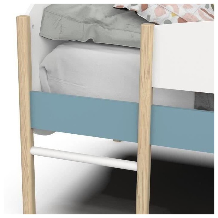 DEMEYERE Lit toboggan - 90 x 200 cm - Sommier a lattes - 2 Tirroirs - Décor blanc et bleu orage DEMEYERE Lit toboggan - 90 x 200 cm - Sommier a lattes - 2 Tirroirs - Décor blanc et bleu orage