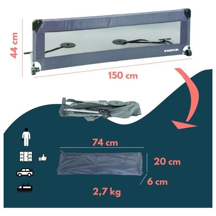 Barriere de lit - LOOPING - BL5003G - Rabattable - Gris