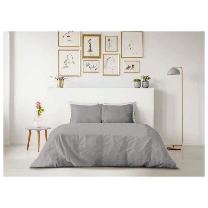 PARURE DE COUETTE LOVELY HOME - 240x260 cm - 100% COTON - GRIS CLAIR