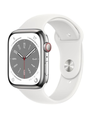 Apple Watch Series 8 GPS + Cellular - 45mm - Boîtier Silver Stainless Steel - Bracelet White Sport Band - Regular