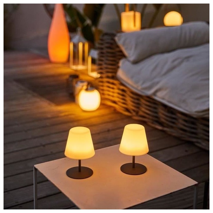 Pack de 2 Lampes de table sans fil - LUMISKY - TWINS - H16 cm - Pied en acier gris - LED blanc chaud et blanc