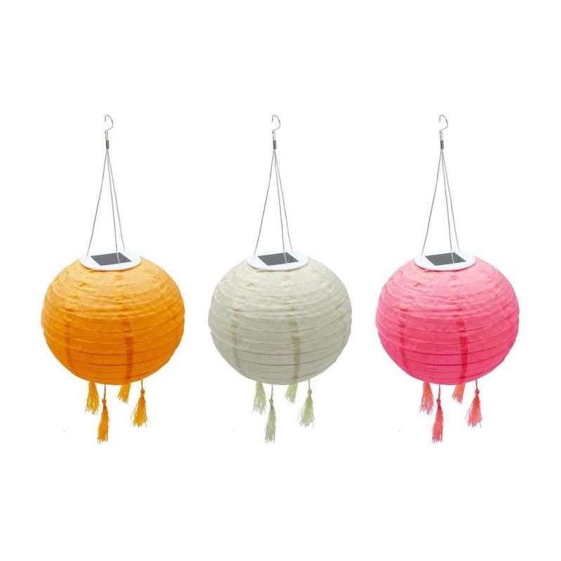 Lot de 3 lampions solaires - LUMISKY - SHANGRI LA - H20 cm - Rose, cre Lot de 3 lampions solaires - LUMISKY - SHANGRI LA - H20 cm - Rose, cre