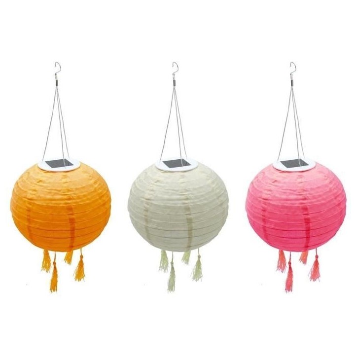 Lot de 3 lampions solaires - LUMISKY - SHANGRI LA - H20 cm - Rose, creme et orange - LED blanc chaud Lot de 3 lampions solaires - LUMISKY - SHANGRI LA - H20 cm - Rose, creme et orange - LED blanc chaud