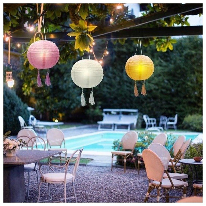 Lot de 3 lampions solaires - LUMISKY - SHANGRI LA - H20 cm - Rose, creme et orange - LED blanc chaud Lot de 3 lampions solaires - LUMISKY - SHANGRI LA - H20 cm - Rose, creme et orange - LED blanc chaud