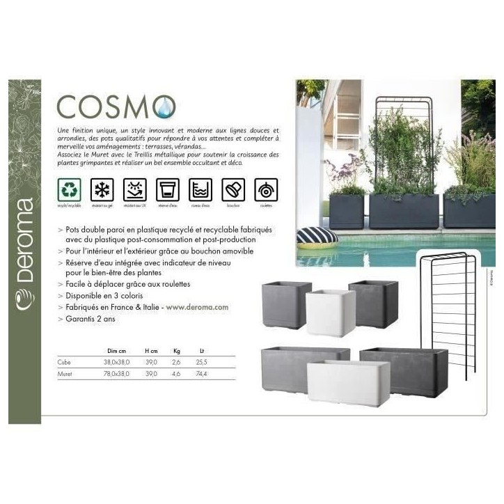 DEROMA Jardiniere Muret Cosmo - 78 x H39 cm - Anthracite - A réserve d'eau - Roulettes DEROMA Jardiniere Muret Cosmo - 78 x H39 cm - Anthracite - A réserve d'eau - Roulettes