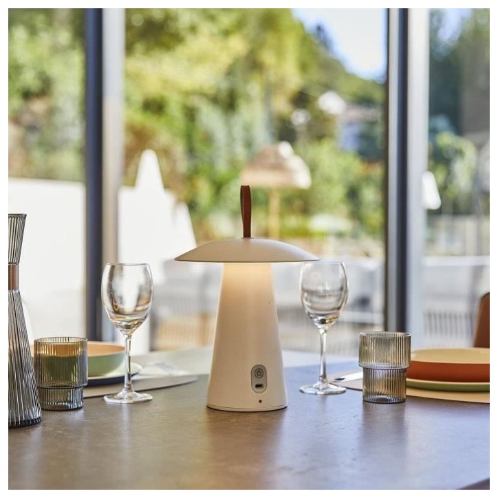 Lampe de table sans fil - LUMISKY - FUNGY - H29 cm - Aluminium - Anse en cuir - LED blanc chaud Lampe de table sans fil - LUMISKY - FUNGY - H29 cm - Aluminium - Anse en cuir - LED blanc chaud