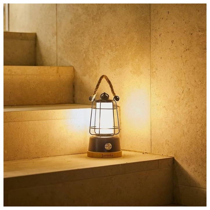 Lanterne sans fil - LUMISKY - WILDY - H23 cm - Anse en corde - LED blanc chaud et dimmable Lanterne sans fil - LUMISKY - WILDY - H23 cm - Anse en corde - LED blanc chaud et dimmable