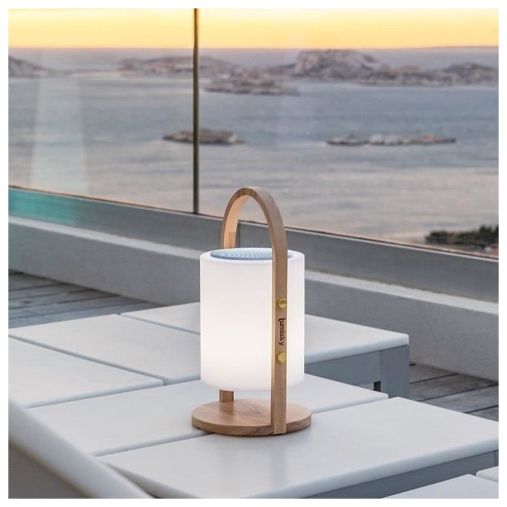 Lampe enceinte bluetooth sans fil - LUMISKY - WOODY PLAY - H37 cm - Poignée bois - LED blanc et multicolore dimmable Lampe enceinte bluetooth sans fil - LUMISKY - WOODY PLAY - H37 cm - Poignée bois - LED blanc et multicolore dimmable