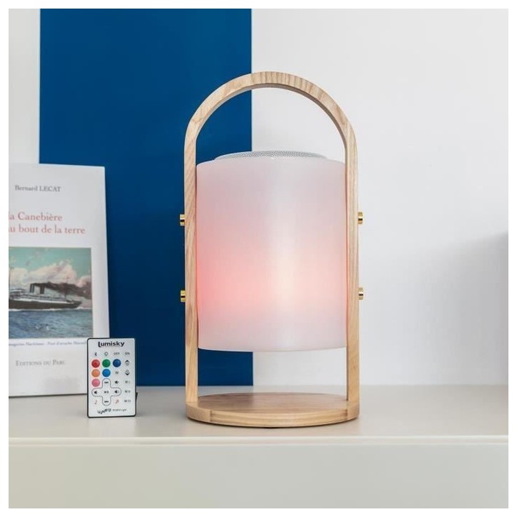 Lampe enceinte bluetooth sans fil - LUMISKY - WOODY PLAY - H37 cm - Poignée bois - LED blanc et multicolore dimmable Lampe enceinte bluetooth sans fil - LUMISKY - WOODY PLAY - H37 cm - Poignée bois - LED blanc et multicolore dimmable