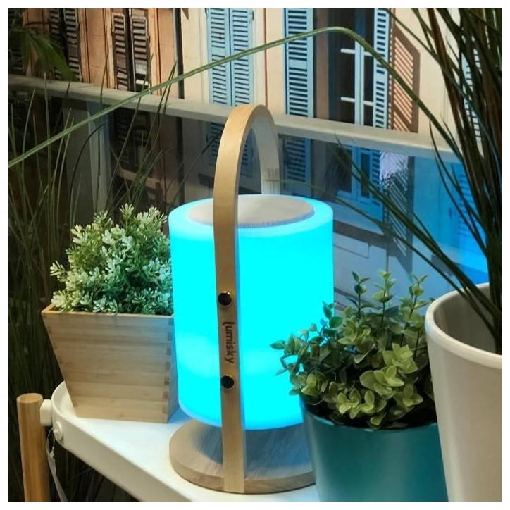 Lampe enceinte bluetooth sans fil - LUMISKY - WOODY PLAY - H37 cm - Poignée bois - LED blanc et multicolore dimmable Lampe enceinte bluetooth sans fil - LUMISKY - WOODY PLAY - H37 cm - Poignée bois - LED blanc et multicolore dimmable
