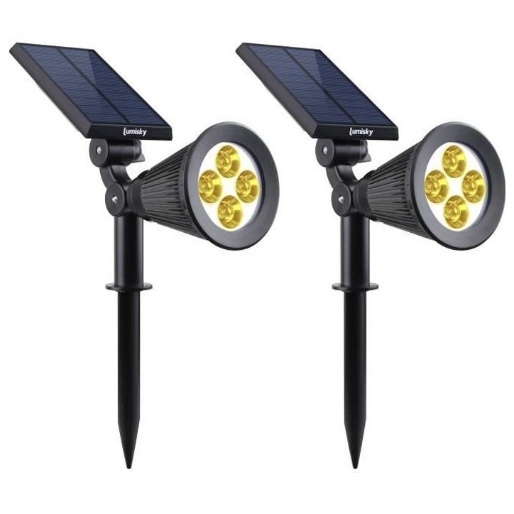 Lot de 2 projecteurs solaires a LED Spiky - LUMI JARDIN - 200 Lumens - Blanc chaud - Etanche - 34 cm Lot de 2 projecteurs solaires a LED Spiky - LUMI JARDIN - 200 Lumens - Blanc chaud - Etanche - 34 cm