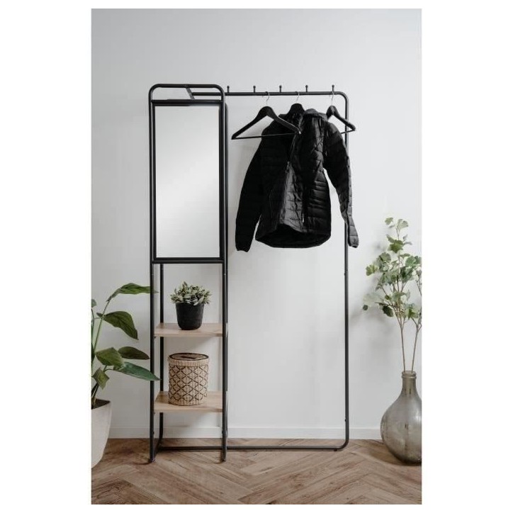 Meuble d'entrée - LUTON - Structure métallique - Noir / Chëne artisan - 100 x 185 x 37 cm - 2 étageres - 1 miroir Meuble d'entrée - LUTON - Structure métallique - Noir / Chëne artisan - 100 x 185 x 37 cm - 2 étageres - 1 miroir