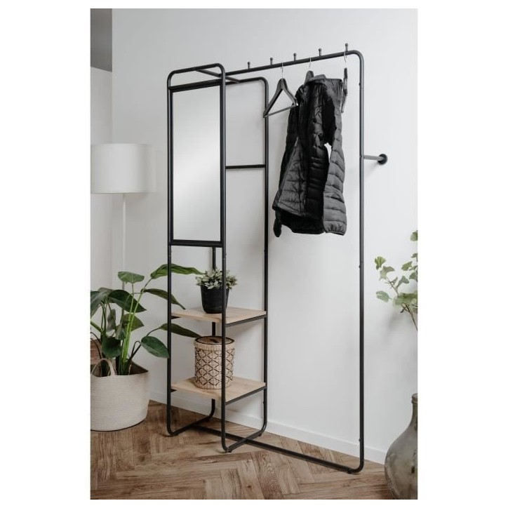 Meuble d'entrée - LUTON - Structure métallique - Noir / Chëne artisan - 100 x 185 x 37 cm - 2 étageres - 1 miroir Meuble d'entrée - LUTON - Structure métallique - Noir / Chëne artisan - 100 x 185 x 37 cm - 2 étageres - 1 miroir