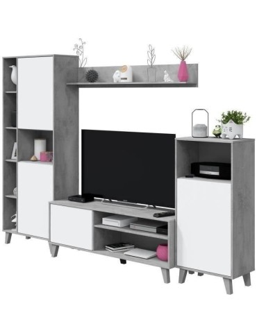 Ensemble meuble TV modulable - Zoe - Ouverture PUSH - Blanc Artik et gris ciment - L260 x P33 x H184 cm