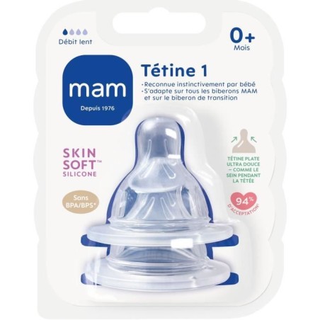 MAM Accessoires pour Biberons Tétine Silicone +0m Débit 1 Lent 2 unités
