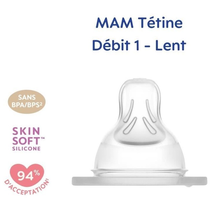MAM Accessoires pour Biberons Tétine Silicone +0m Débit 1 Lent 2 unités