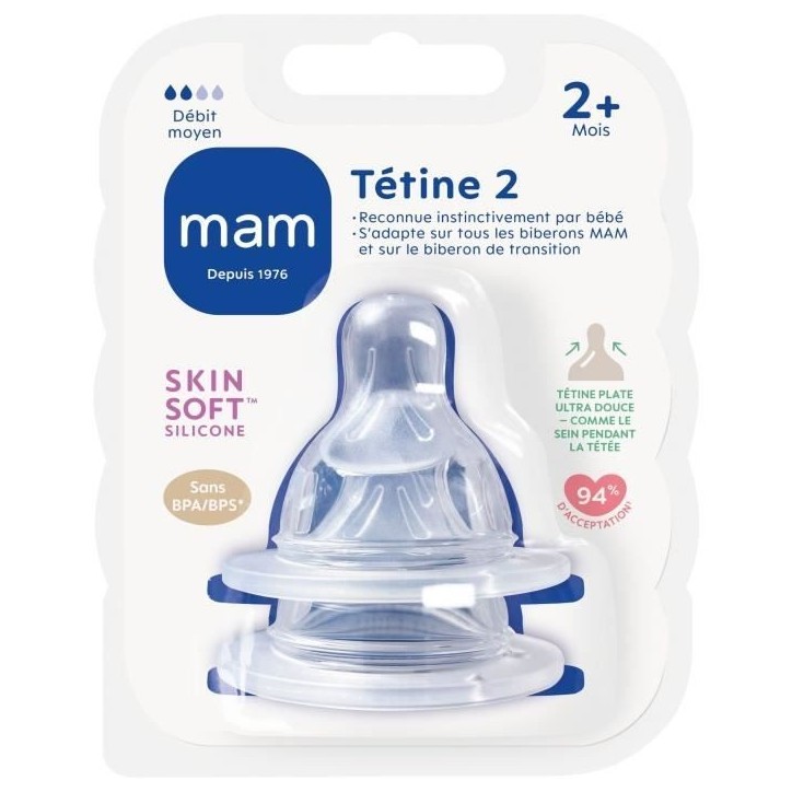 Tétine MAM Silicone +2m Débit 2 Moyen - Lot de 2