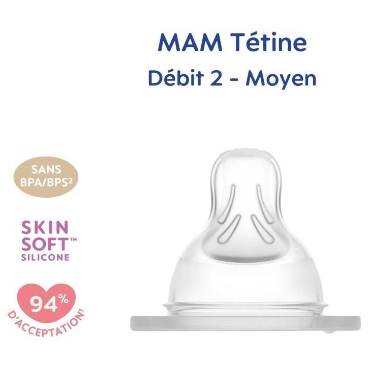 Tétine MAM Silicone +2m Débit 2 Moyen - Lot de 2