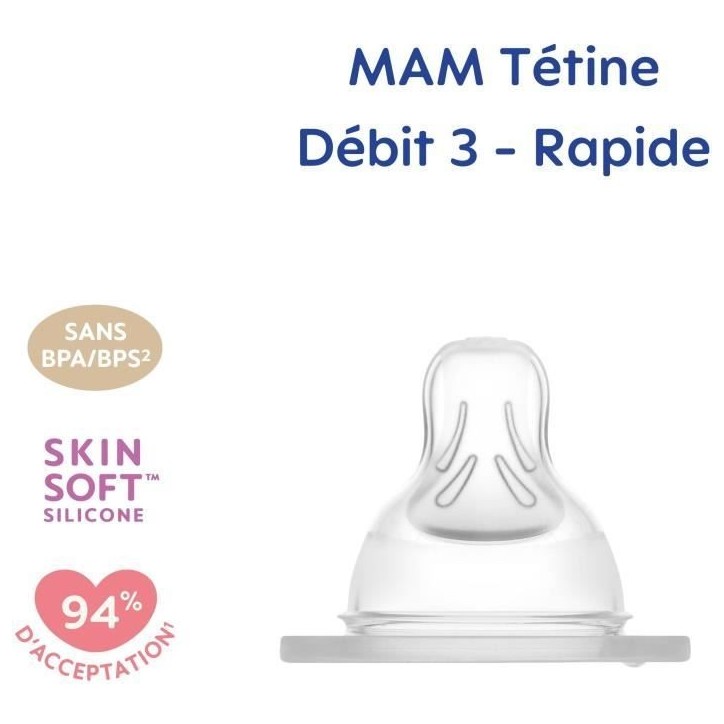 Tétine MAM anatomique en silicone - Débit 3 rapide - Lot de 2 Tétine MAM anatomique en silicone - Débit 3 rapide - Lot de 2