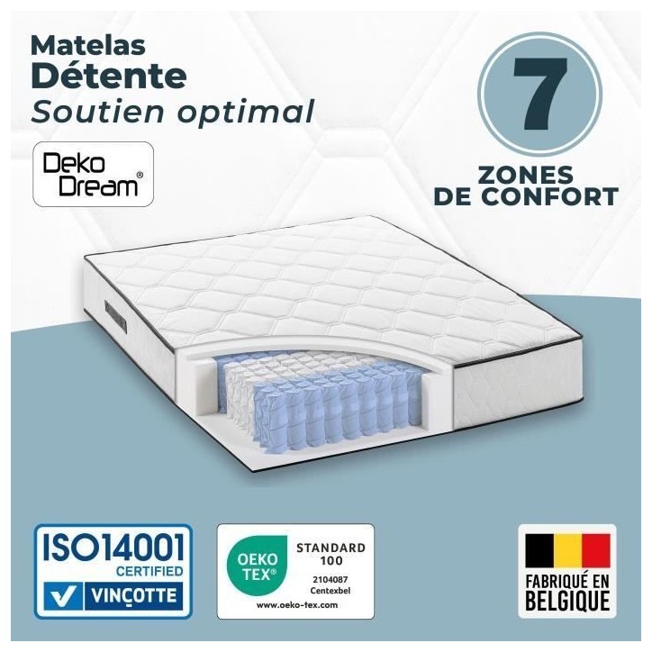 Matelas 140 x 200 cm - Hauteur 19 cm - 580 ressorts ensachés - 7 zones - Equilibré - réversible - fabriqué en Belgique - DEK