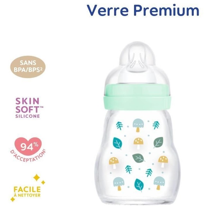 MAM Biberon Verre - 170ml - Bleu - Tétine Débit 1 MAM Biberon Verre - 170ml - Bleu - Tétine Débit 1