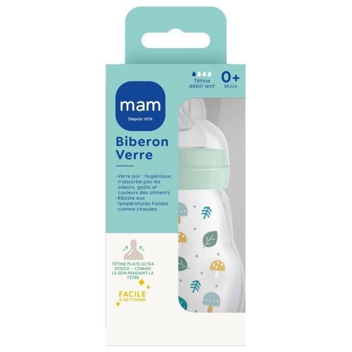 MAM Biberon Verre - 170ml - Bleu - Tétine Débit 1 MAM Biberon Verre - 170ml - Bleu - Tétine Débit 1