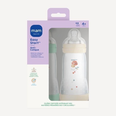 Lot de 2 Biberons - MAM - Easy Start - Anti-colique Classique - 320 ml - Tétine débit 3 - Menthe + Coton