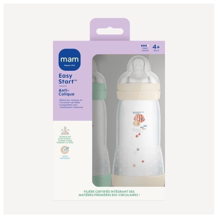 Lot de 2 Biberons - MAM - Easy Start - Anti-colique Classique - 320 ml - Tétine débit 3 - Menthe + Coton Lot de 2 Biberons - MAM - Easy Start - Anti-colique Classique - 320 ml - Tétine débit 3 - Menthe + Coton