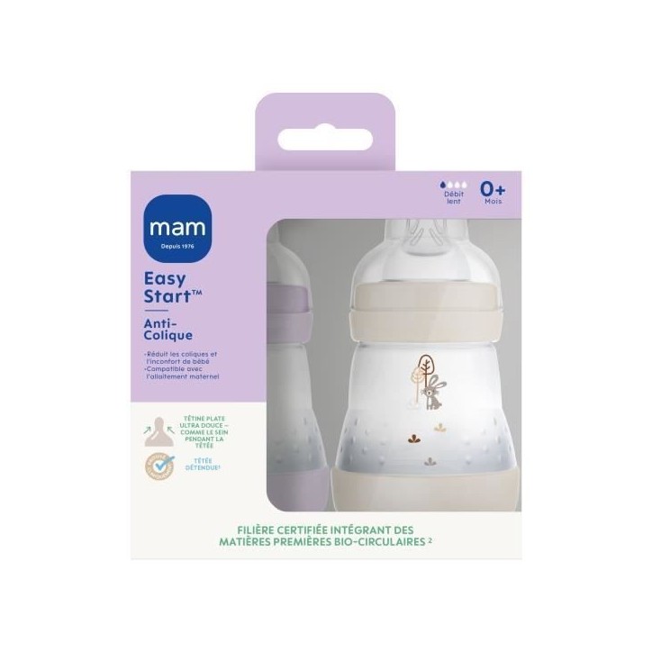 Lot de 2 Biberons - MAM - Easy Start - Anti-colique - 160 ml - Tétine débit 1 - Lilas + Sable Lot de 2 Biberons - MAM - Easy Start - Anti-colique - 160 ml - Tétine débit 1 - Lilas + Sable
