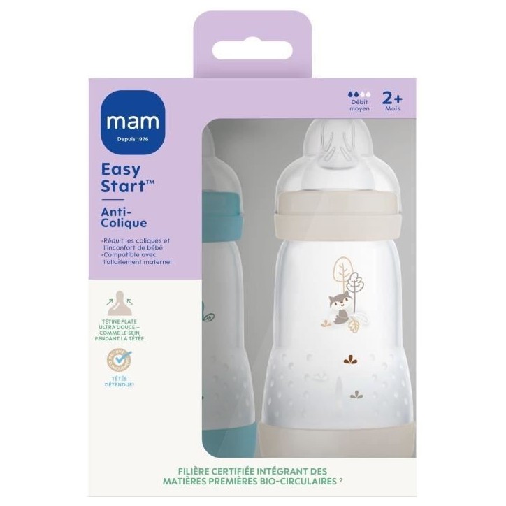 Lot de 2 Biberons - MAM - Easy Start / Anti-Colique - 260 ml - Tétine Débit 2 - Océan + Sable Lot de 2 Biberons - MAM - Easy Start / Anti-Colique - 260 ml - Tétine Débit 2 - Océan + Sable