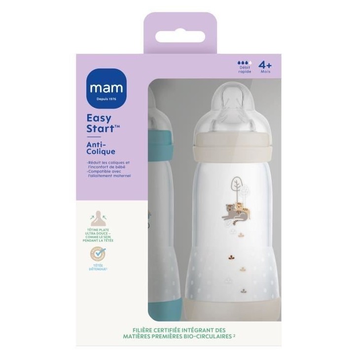 Lot de 2 Biberons - MAM - Easy Start - Anti-colique - 320 ml - Tétine débit 3 - Océan + Sable Lot de 2 Biberons - MAM - Easy Start - Anti-colique - 320 ml - Tétine débit 3 - Océan + Sable
