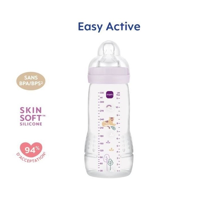 Biberon - MAM BABY - Easy Active - +6 mois - 330 ml - Tétine débit X - Lilas Biberon - MAM BABY - Easy Active - +6 mois - 330 ml - Tétine débit X - Lilas
