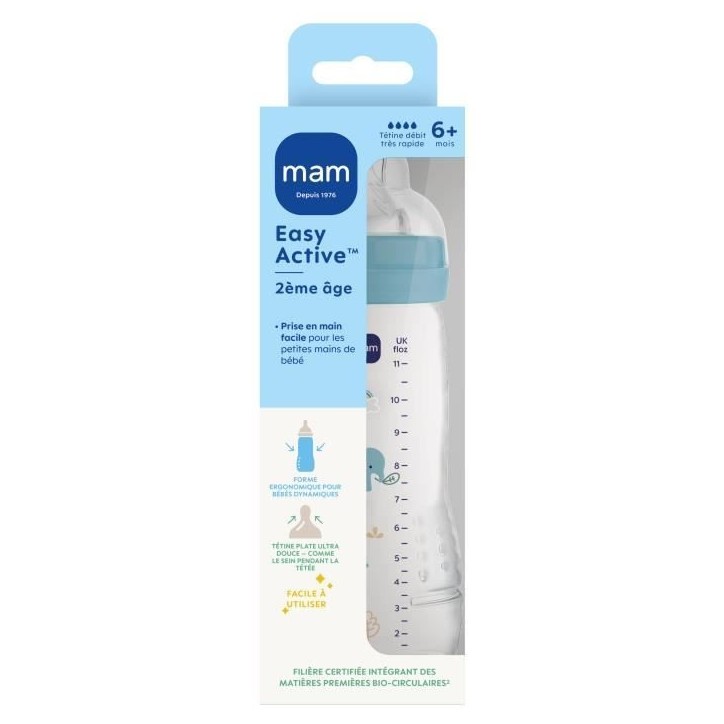 Biberon - MAM BABY - Easy Active - +6 mois - 330 ml - Tétine débit X - Ocean Biberon - MAM BABY - Easy Active - +6 mois - 330 ml - Tétine débit X - Ocean