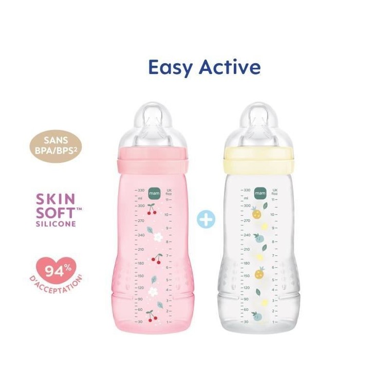 Lot de 2 Biberons - MAM BABY - Easy Active - +6 mois - 330 ml - Tétine débit X - Berry + Pearl Lot de 2 Biberons - MAM BABY - Easy Active - +6 mois - 330 ml - Tétine débit X - Berry + Pearl
